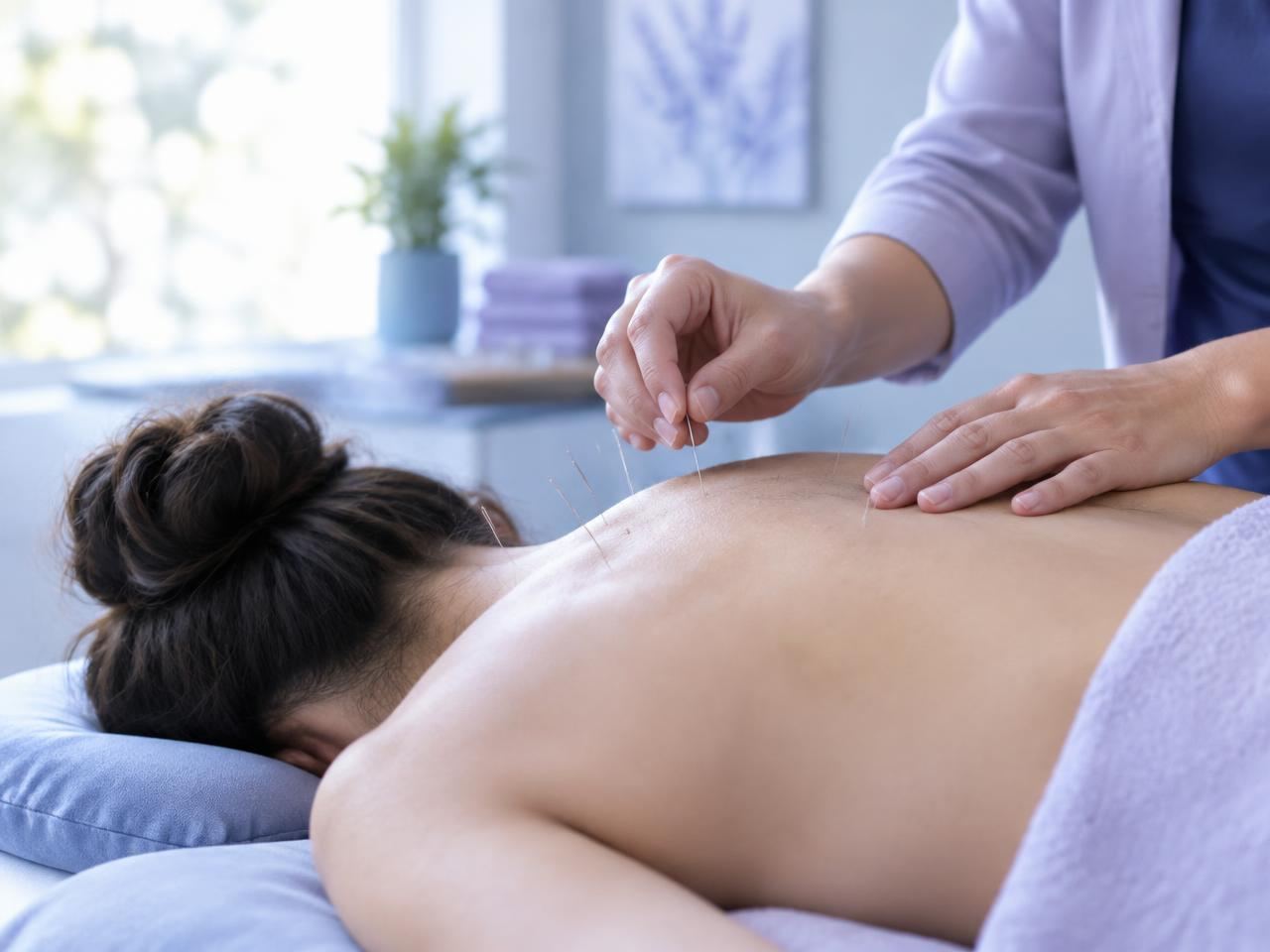 Acupuncturist gently placing fine needles along a relaxed patient's upper back