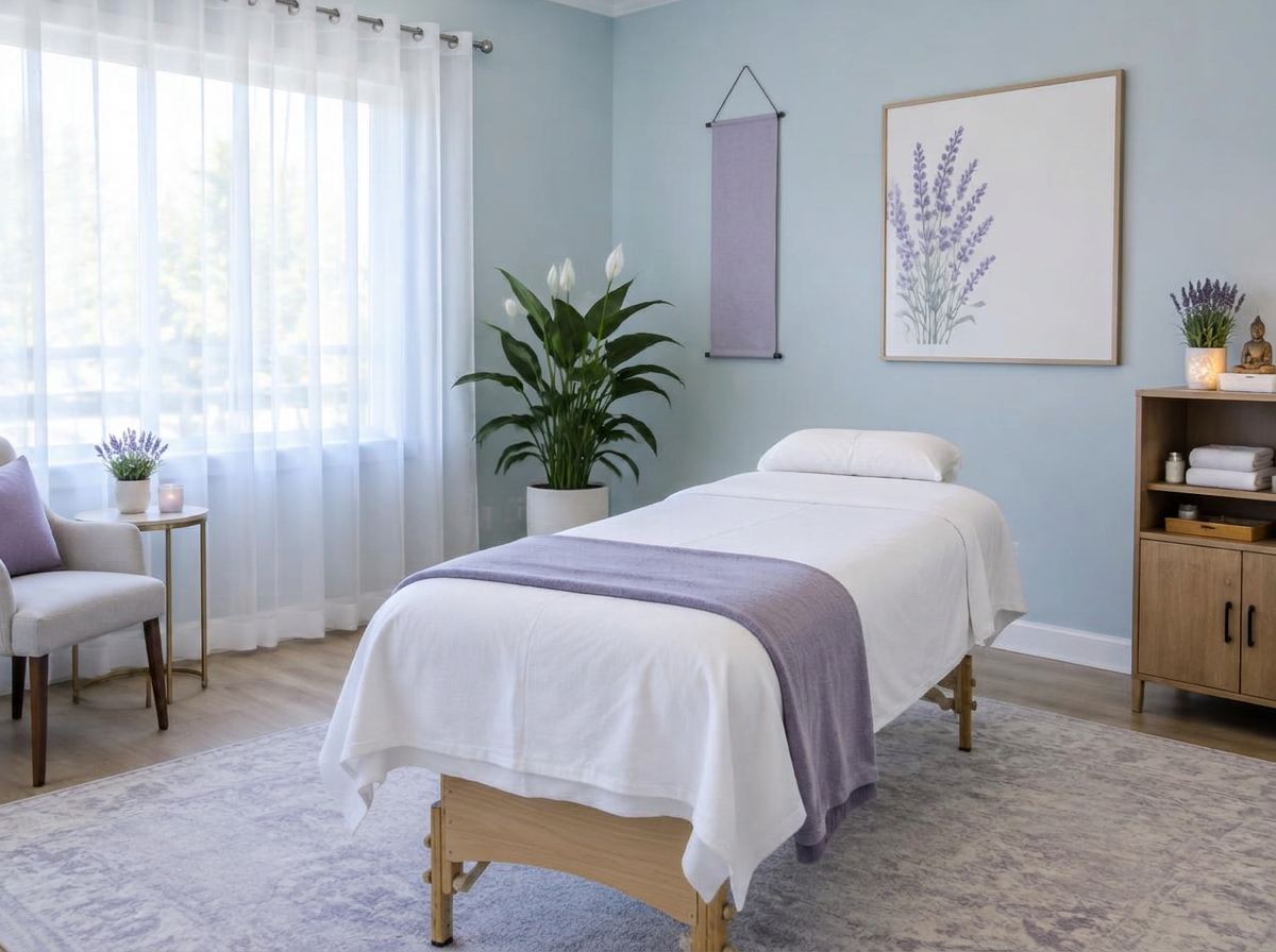 Calm treatment room with a lavender-draped table, plants and soft blue walls